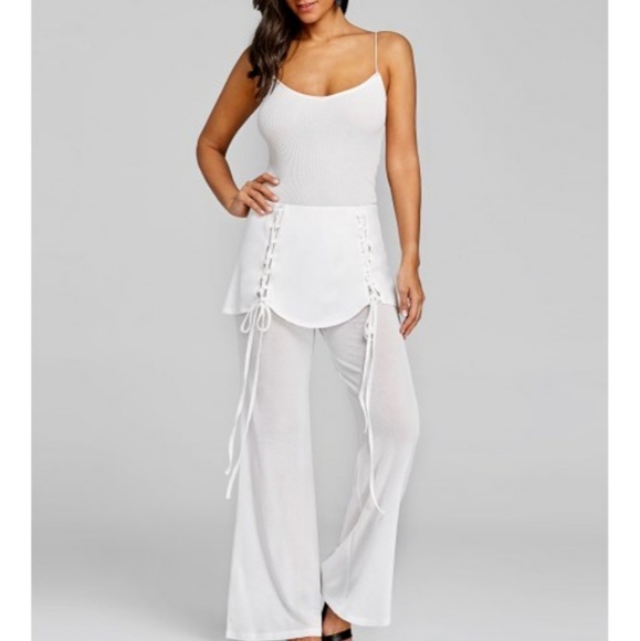 Wide Leg Pants Cozy Chic Lace Up Peplum - Picture 2 of 7